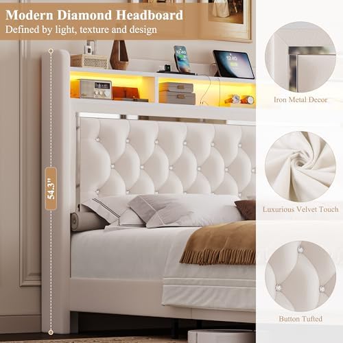 Keyluv Queen Velvet LED Bed Frame with 2 Drawers & Charging Station, Beige