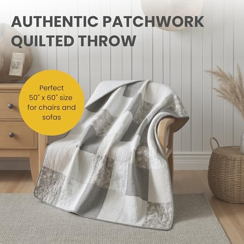 SLPR - Cotton Quilted Throw Blanket, 50"x60" Gray Patchwork, Silver Linings
