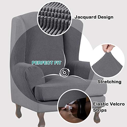 Turquoize Wingback Chair Covers 2 Piece Wing Chair Slipcover Stretch Slipcovers for Wingback Chairs Wing Chair Cover Spandex Jacquard Fabric with Elastic Bottom Non-Slip Furniture Cover, Charcoal Gray