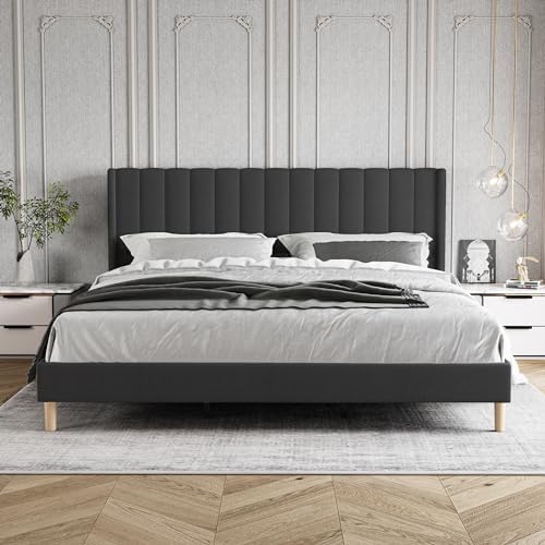 King Size Bed Frame with Linen Upholstered Headboard, Black