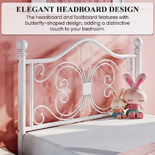 SHA CERLIN Twin XL Size Metal Bed Frame with Butterfly Headboard, White