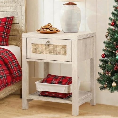 VOWNER Rattan Nightstands Set of 2 - Farmhouse Bedside Table Night Stand with Drawer and Storage Shelf, Boho End Side Table for Bedroom, Mesitas De Noche para Dormitorio, Light Oak