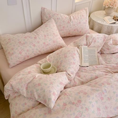 LifeTB Vintage Floral Duvet Cover Set King, Pink Flower Coquette Duvet Cover Muslin Cotton Gauze Bedding Set, Cottagecore Flower Botanical Comforter Cover, Aesthetic Floral Lightweight Bedding Set