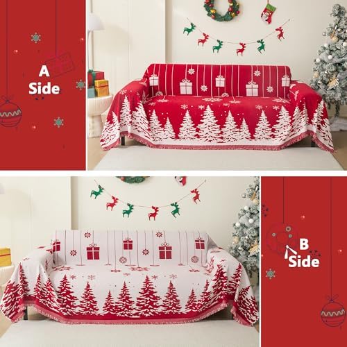 MEETSKY Christmas Couch Cover for Sectional Sofa, Chenille Loveseat Red Sofa Covers Washable for Pet Friendly Cedar Decorative Couch Covers, 71" x 134"