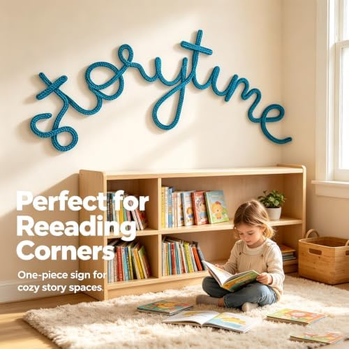 Handmade Storytime Wall Sign Knitted Wire Storytime Sign Reading Corner Sign Wall Decor Story Time Wall Sign Wire Letters Book Corner Decor for Nursery Room & Playroom (Blue S)