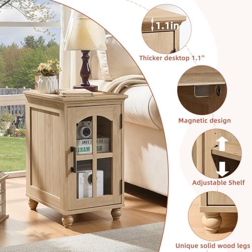 Narrow Side Table Set of 2, Farmhouse Nightstand with Charging Station