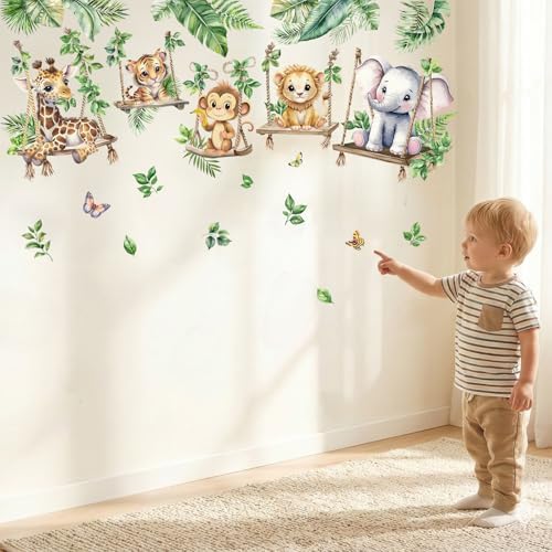 Jungle Animal Wall Decals for Baby: Animals Son Swings Nursery Room Decor with Peel and Stick Removable Vinyl Wall Stickers for Kids Bedroom Safe and Easy to Apply - Ages 0-12 Years