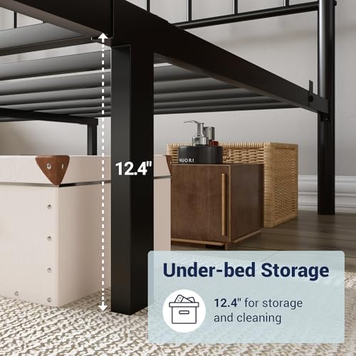 Allewie Twin Size Metal Platform Bed Frame with Headboard, Black