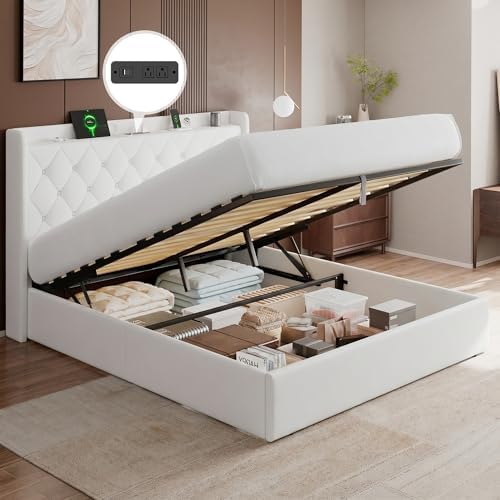 GalnFu Queen Size Bed Frame with Storage, Upholstered Queen Lift up Storage Bed Frame with Charging Station, Button Tufted Headboard, No Box Spring Needed, Easy Assembly, Noise Free, White