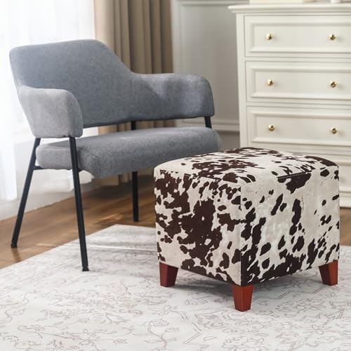 Joveco Square Ottoman Fabric Cube Foot Rest Stool with Wooden Legs, Footstool Small Ottoman Seat for Living Room Entryway (Cow Printing)