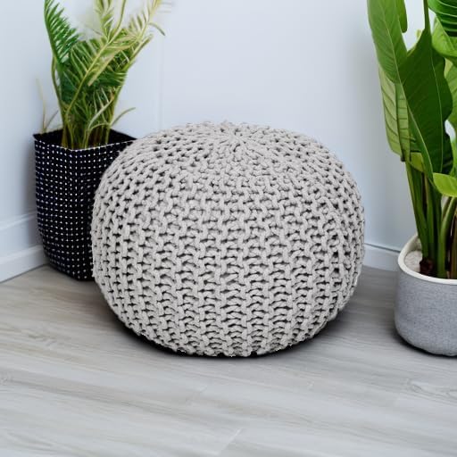· REDEARTH · Round Pouf Ottoman - Hand Knitted Boho Poof Footrest - Gray