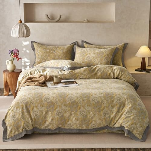 Jacquard Floral Duvet Cover Set King,Yarn-Dyed Cotton Yellow Gold Flower Duvet Cover Bordered,Vintage Garden Style Bedding Set King