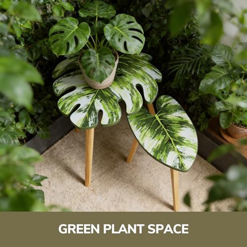 BAMEOS Monstera Leaf Nesting Tables Set of 2, Small Side Tables f Set with Leaf Vein Pattern, Modern Wooden CoffeeTables for Living Room Bedroom Apartment Balcony Yard