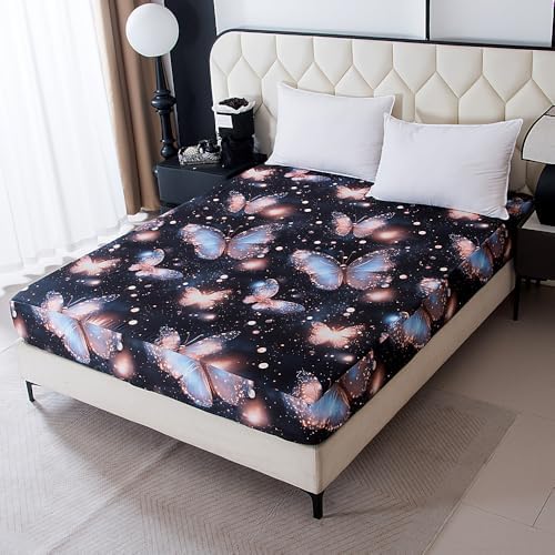 Bedding Fitted Sheet with Deep Pocket,3D Pattern Printed Fabric Bed Sheets (Black Butterfly, Queen)