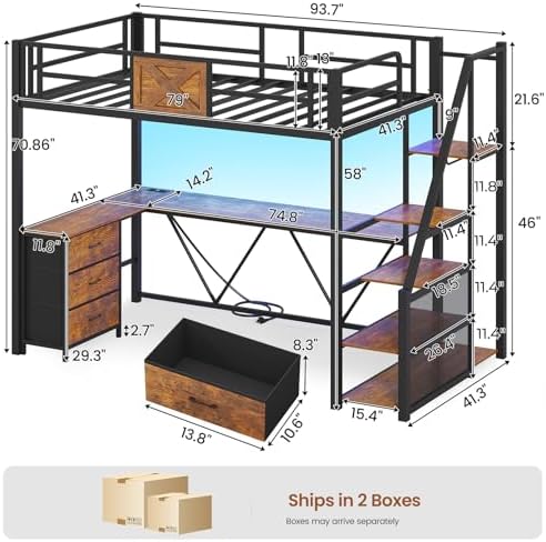 Itaar Stairway Twin Size Loft Bed with L Shaped Desk and Wardrobe, Metal Loft Bed Frame with Storage Stairs, 3 Fabric Drawers, LED Lights & Charging Sation (Rustic Brown, Twin)