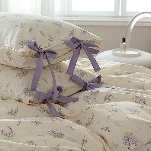 mixinni Lavender Flower Duvet Cover Twin XL Cotton Teenage Girls Flower Leaf Print 3pc Soft Cottage Ribbon Bedding Set Comforter Cover with Bowknot Pillowcase Perfect for Girls- (3pcs, Twin XL Size)