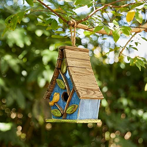 Glitzhome Hanging Bird House for Outdoor, 9.5"H Decorative Pet Cottage Distressed Wooden Bird House with Natural Wood Slatted Roof and 3D Tree for Bluebird Swallow Sparrow Finch Cardinals,Washed Blue
