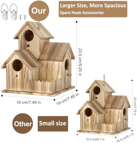 Large Wooden Bird House for Outside, 3-Hole Birdhouse, Outdoor Bird Nesting Box for Bluebird Chickadee Finch Wren, Perfect for Garden Courtyard Decoration