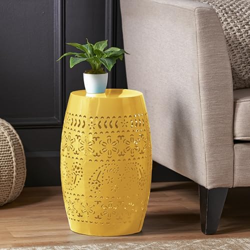 Christopher Knight Home Zoey Small Outdoor Side Table, Lace Cut Iron End Table, Metal Outdoor Stool, Hollow Drum Round Side Table, Decorative Garden Stool with Cutout Design for Patio Balcony, Yellow
