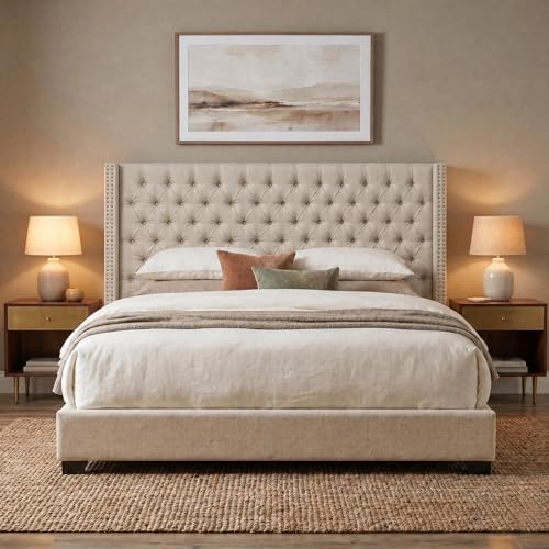 Madison Park King Wingback Upholstered Tufted Headboard, Featuring High-Density Sponge Padding, Adjustable Height Headboard, Easy Assembly, Beige Woven