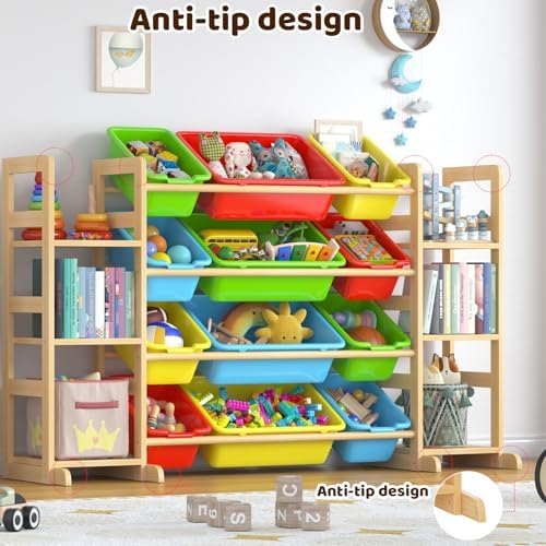 Large Toy Storage Organizer Kids Toy Organizer and Bookshelf Combo with 12 Bins and 6 Shelves Toy Organization Box Toy Shelf for Playroom, Bedroom, Nursery