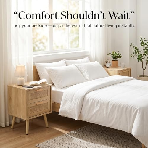 Finnhomy Nightstand, End Table, Side Table with 2 Hand Made Rattan Decorated Drawers, Wood Accent Table with Storage for Bedroom, Natural (Patented)