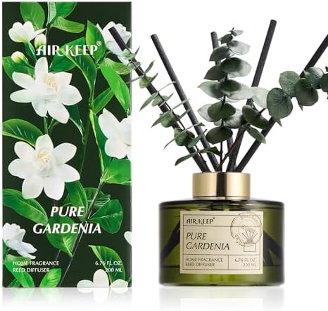 Airkeep Reed Diffuser Set with 6.76 fl oz Pure Gardenia Scent Essential Oils and 3 Leaves & 8 Diffuser Sticks,Bathroom Shelf Decor & Air Freshener, House Bedroom Office Decor & Gifts