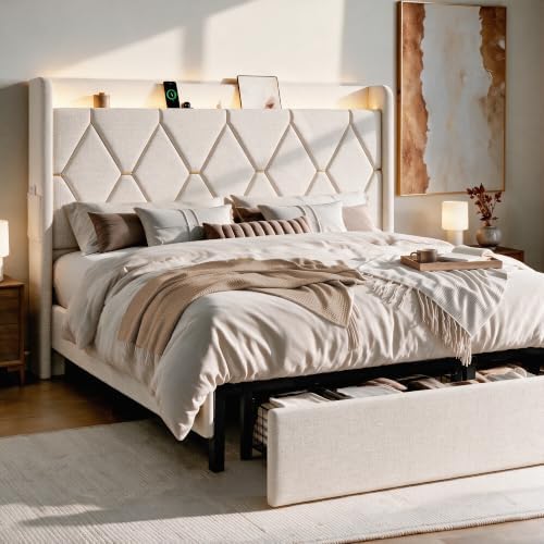 SHA CERLIN King Size Bed Frame with Storage Drawer & LED Lights, Beige