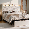 SHA CERLIN King Size Bed Frame with Storage Drawer & LED Lights, Beige