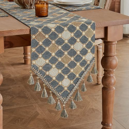 Loom and Mill Chenille Table Runner 90 inches Long, Blue-Grey+Khaki+Beige