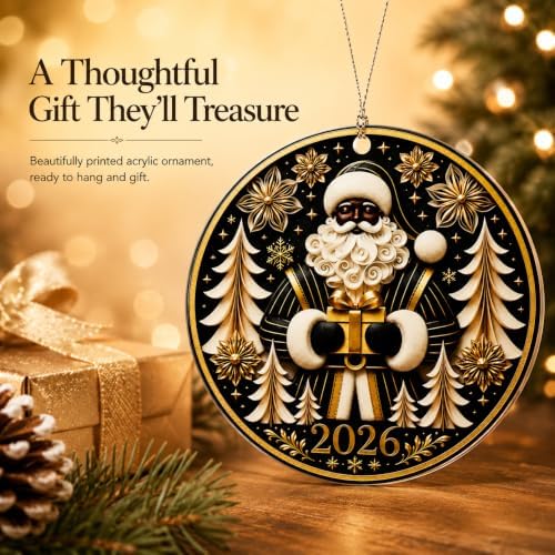 Black Santa Christmas Ornament for Christmas Tree Decorations 2026, Elegant Black Santa Holding a Golden Gift with Winter Forest Design, Heartwarming Holiday Keepsake Gift for Family and Friends