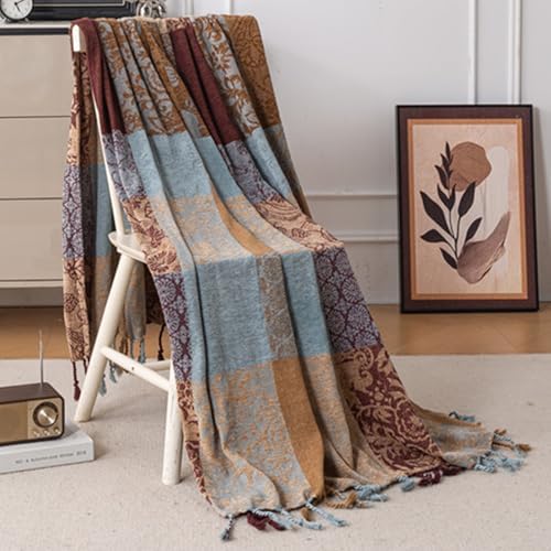 Bohemian Chenille Throw Blanket, Boho Jacquard Tassels Cover for Couch Bed, Decorative Sofa Slipcover Protector - Colorful Tribal Pattern (Vintage, 60 * 75 in)