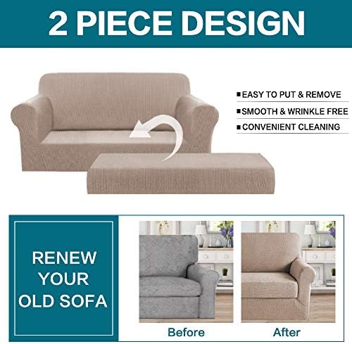 Turquoize Stretch Sofa Slipcover 2 Pieces Sofa Cover Couch Cover for 2 Cushion Couch Washable Furniture Protector Covers with Elastic Bottom Feature Thick Jacquard Fabric (Loveseat, Sand)