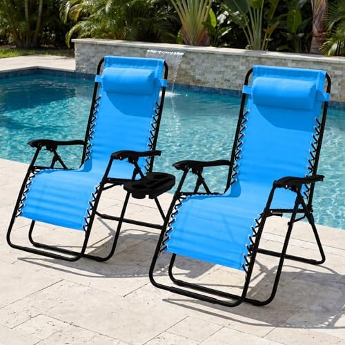 Best Choice Products Set of 2 Extra Wide Adjustable Steel Mesh Zero Gravity Lounge Chair Recliners w/Pillows and Cup Holder Trays - Light Blue