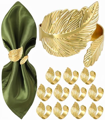 Gold Napkin Rings Set of 12, Solid Metal Laurel Leaf Table Decor