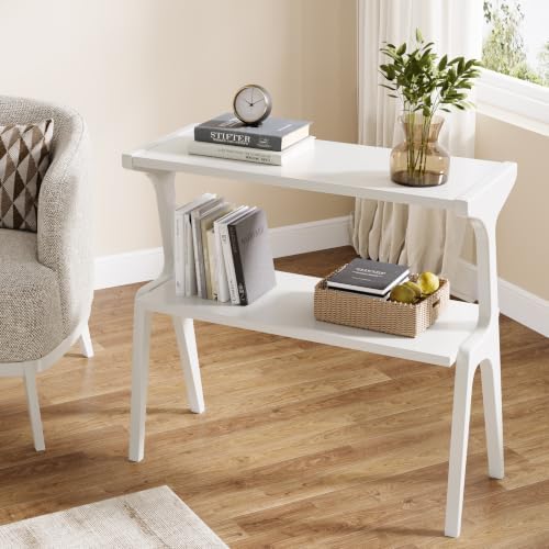 Tribesigns 2-Tier Solid Wood Side Table, Modern White End Table with Storage Shelves, Tall Slim Side Table for Couch with Unique Legs, Long Bedside Table for Bedroom, Living Room