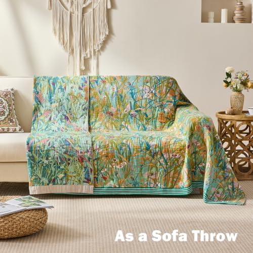 VANJOROY Boho Throw Blanket, 100% Organic Cotton Breathable Skin-Friendly Ultra Soft 60" x 80" Bed Quilt Green Leaf Throw - Floral Rustic Luxury Reversible Blanket for Sofa Couch Chair and Gift,