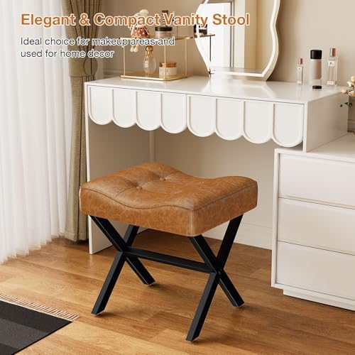 Memobarco 18-Inch Large Leather Vanity Stool Chair, Brown Makeup Stool