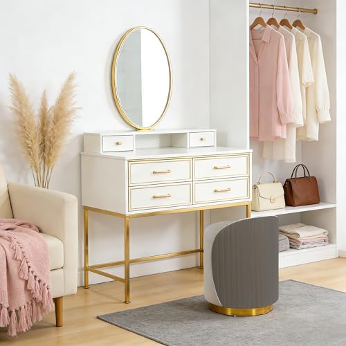 Vanity Chair with Back, Leather Vanity Stool - 360° Swivel Makeup Chair, No Assembly Upholstered Comfy Makeup Stool Ottoman for Bedroom, Dressing Room, Living Room, Grey