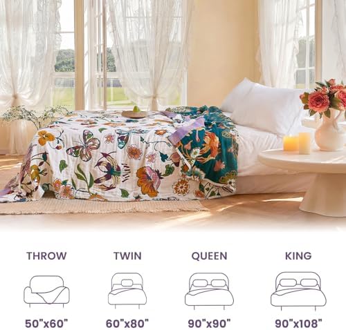 MSGKV Boho Throw Blanket 50"x60" 100% Cotton Butterfly Floral Blanket Couch