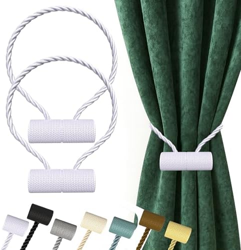 Hion Magnetic Curtain Tiebacks White 2pcs, Curtain Holdbacks Hooks Holders