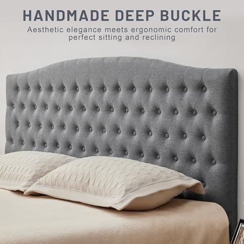 Tufted Tall King Size Headboard, Linen Button Diamond Headboards, Gray