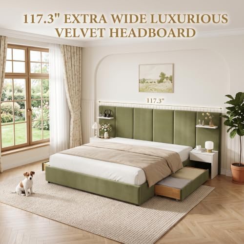 King Size Bed Frame with Storage & Built-in Nightstands & Drawers, Green