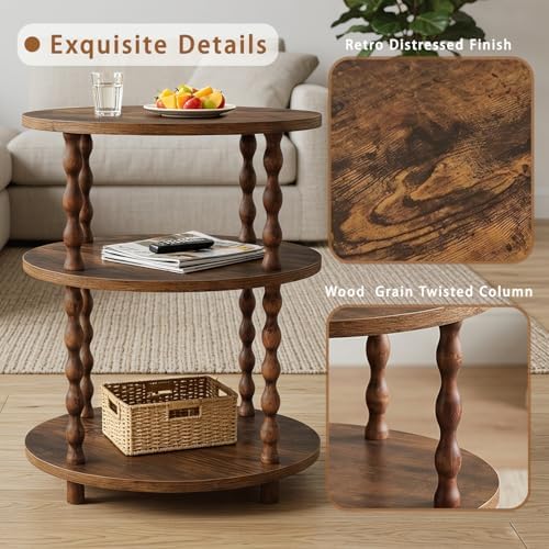 Round Side Table, 3-Tier End Table with Storage, Rustic Brown