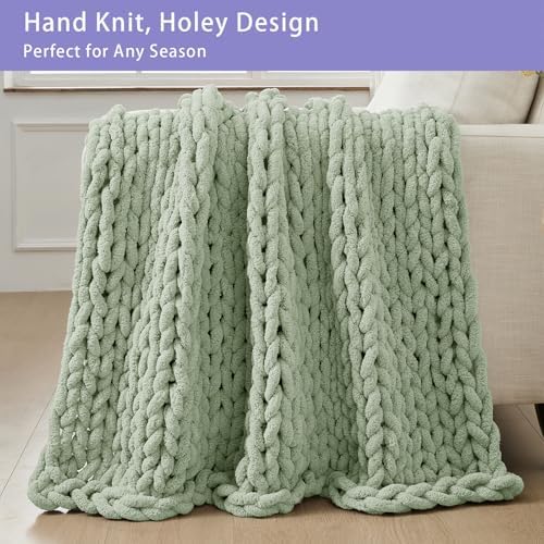 Bigacogo Chunky Knit Throw Blanket for Couch, 40x60 inches, Sage Green