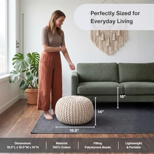 · REDEARTH · Round Pouf Ottoman - Hand Knitted Boho Poof Footrest - Natural