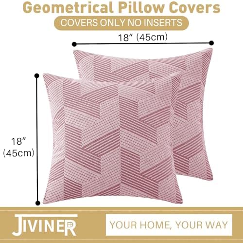 JIVINER Decorative Geometrical Throw Pillow Covers 18 x 18 Inch, Set of 2 Soft Modern Pattern Pillow Covers for Sofa, Couch, Living Room, Pink