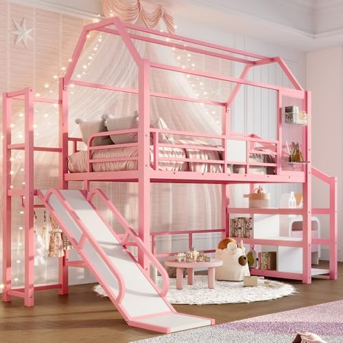Bellemave Twin Size Metal House Loft Bed with Slide and Stairs,Heavy Duty Playhouse Loft Bed Frame with Storage Shelves for Kids,Teens,Adults,Pink
