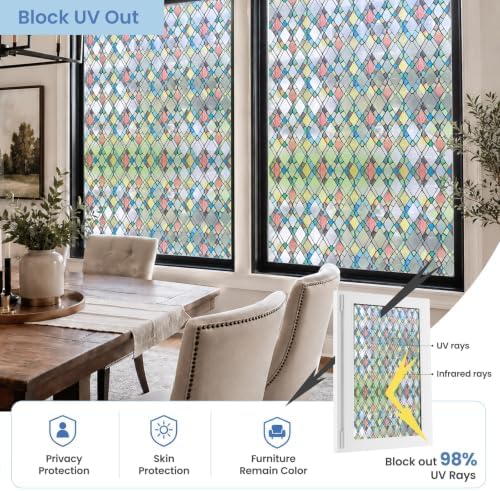 ADD.HERES Window Privacy Film One Way Daytime Privacy Static Cling, Mirror Vinyl Roll Heat Control Anti UV Window Tint for Home and Office, Non-Adhesive Window Film, Rainbow, 35.43" x 78.7"