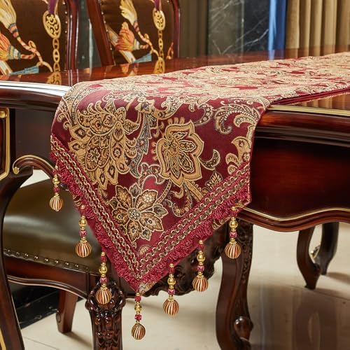 Luxury Vintage Table Runners 108 inches Long Embroidery Jacquard Fabric with Multi-Tassels Table Runners for Dining Room Dresser Wedding Christmas Thanksgiving Party Decorations (Red, 12X108inch)